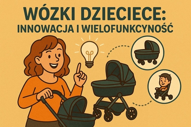 Ilustracja przedstawiająca uśmiechniętą kobietę w pomarańczowej bluzce, wskazującą na żarówkę symbolizującą pomysł. Obok niej znajdują się trzy wózki dziecięce: jeden duży z budką, jeden mniejszy i jeden z dzieckiem w środku. W tle na żółtym tle napis "Wózki dziecięce: Innowacja i wielofunkcyjność